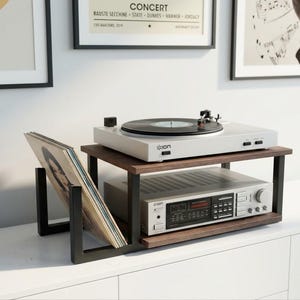 Modern Turntable Stand, steel and plywood Vinyl record holder compact media console, music station