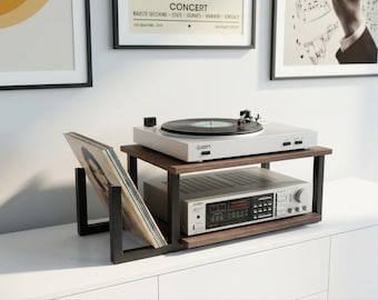 Modern Turntable Stand, steel and plywood Vinyl record holder compact media console, music station