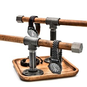 Soporte para reloj, soporte para pulsera, base para bandeja, base para atrapar todo el soporte de madera, organizador de madera maciza para loft, regalo para hombre, marido, novio Industrial Marrón