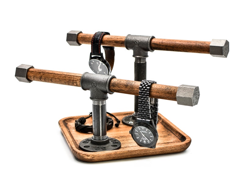 Soporte para reloj, soporte para pulsera, base para bandeja, base para atrapar todo el soporte de madera, organizador de madera maciza para loft, regalo para hombre, marido, novio Industrial Marrón