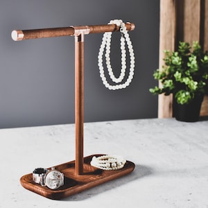 Jewelry organizer watch stand rack bracelet copper and wood base holder dock loft tray compartments catchall neckleces ring earrings