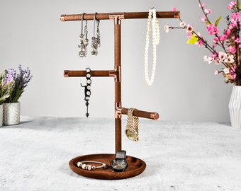 Jewelry organizer neckleces, watch, bracelet stand rack copper and wood base, wooden holder dock loft tray and bar display