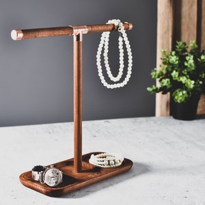 Jewelry organizer watch stand rack bracelet copper and wood base holder dock loft tray compartments catchall neckleces ring earrings image 2