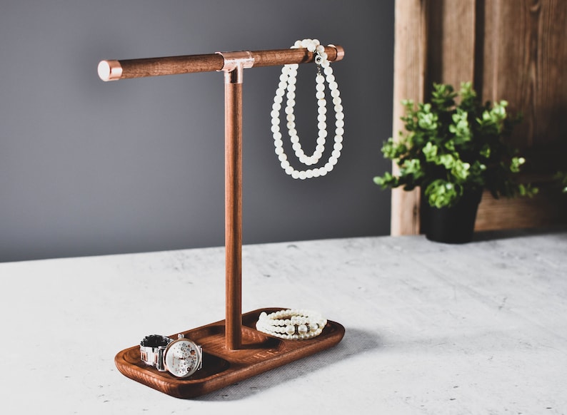 Organizador de joyas de cobre y madera, soporte de reloj, pulsera de reloj, base de madera, soporte de madera, bandeja para loft. imagen 2