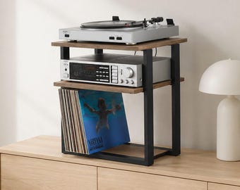 Audiotafel Draaitafelstandaard voor vinylplaten, versterker en platenspelerhouder houten en stalen staande Listening Station