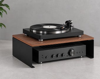 Verhoger voor draaitafelstandaard van staalplaat en multiplex, versterkertafel, vinyl, compacte mediaconsole, muziekstation