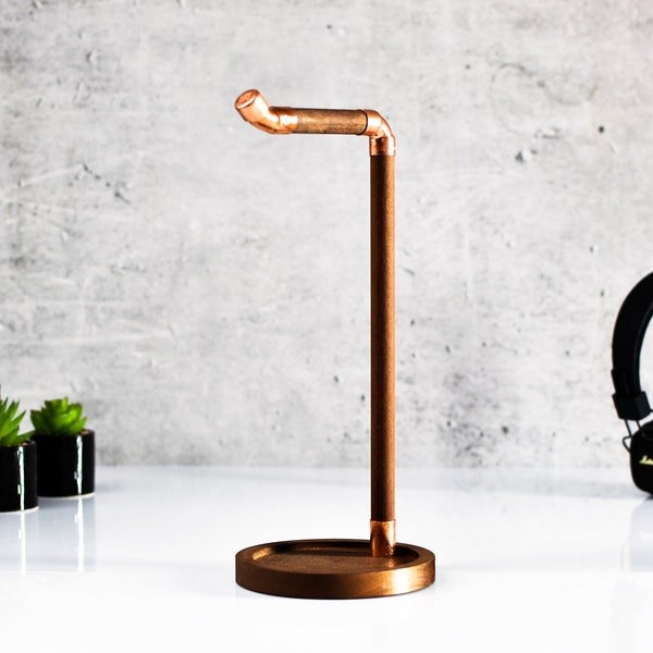 industrial headphones stand, wood and copper headset stand, hanger, pipe holder, dock, loft gift for him, for her to office desk standing
