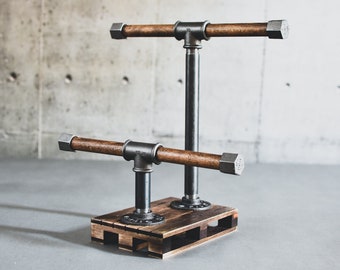 Industrial pipe watch stand rack bracelet palette base,wooden holder rustic loft men's accessories style jewelry for watches two crossbars