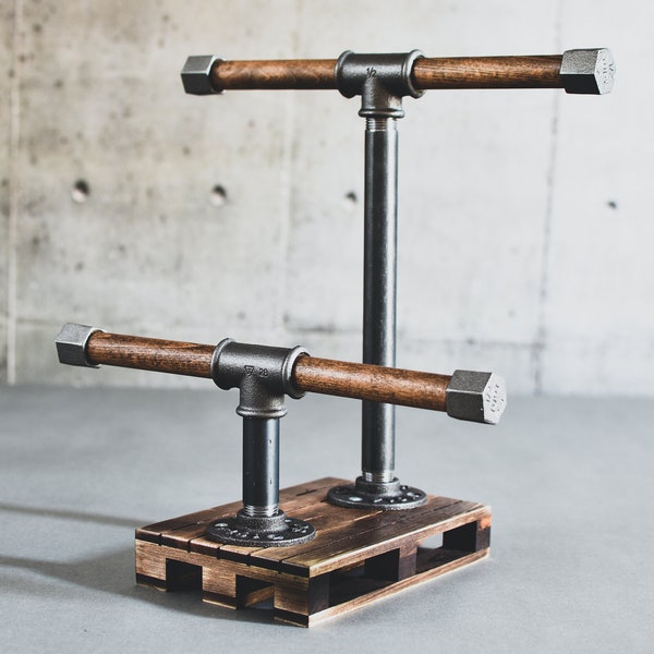 Industrial pipe watch stand rack bracelet palette base,wooden holder rustic loft men's accessories style jewelry for watches two crossbars