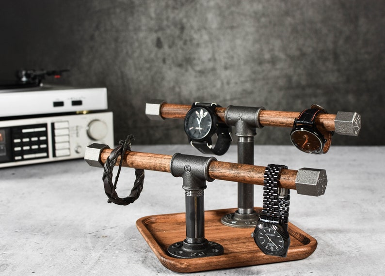 Soporte para reloj, soporte para pulsera, base para bandeja, base para atrapar todo el soporte de madera, organizador de madera maciza para loft, regalo para hombre, marido, novio Industrial imagen 9