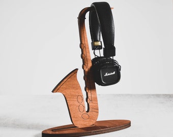 headphones stand saxophone shape wood headset hanger holder dock gift for him for her musician desk standing