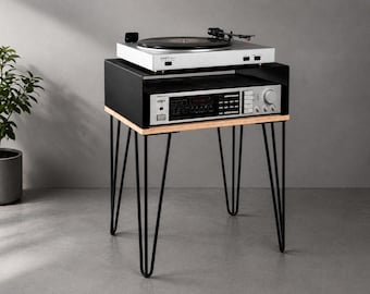 Retro audioconsole van staal en multiplex, draaitafelstandaard, versterker, platenspelerstandaard, vinyl LP-opbergkast, tafel