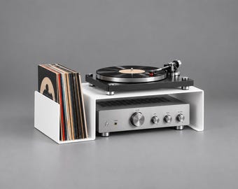 Moderne draaitafelstandaard met platenhouder van staalplaat, versterkertafel, vinyl, compacte mediaconsole, muziekstation