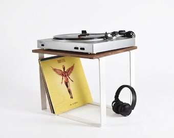 Turntable Stand with record holder, steel and plywood Table, Vinyl, compact media console, music station, Cabinet for music accessories