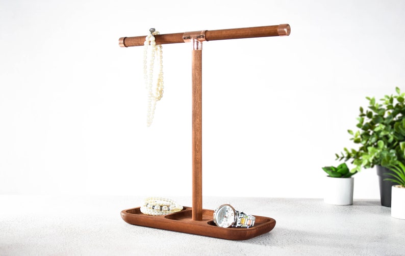 Jewelry organizer watch stand rack bracelet copper and wood base holder dock loft tray compartments catchall neckleces ring earrings image 5