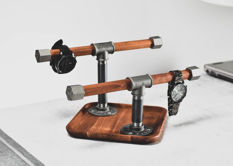 Soporte para reloj, soporte para pulsera, base para bandeja, base para atrapar todo el soporte de madera, organizador de madera maciza para loft, regalo para hombre, marido, novio Industrial Bronce