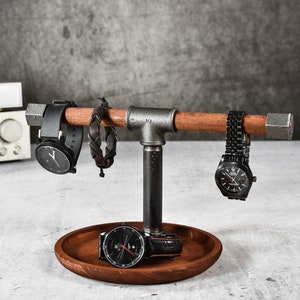 Rack for watch and bracelet stand tray base catch all, wooden holder loft style, organize your accessories, wallet and smartphone dock image 2