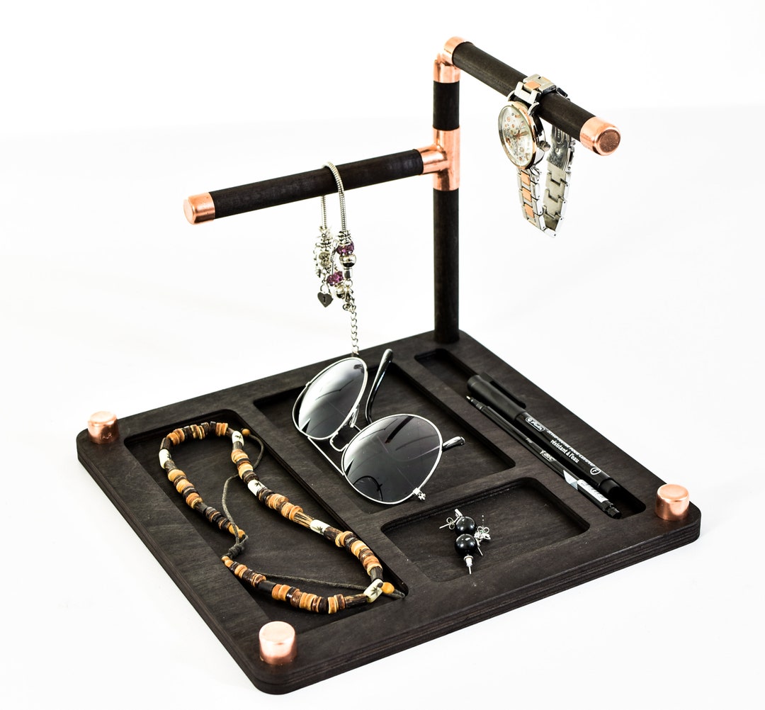 Wood and Copper Jewelry Organizer Tree Stand Rack, Tower Ring, Bracelet