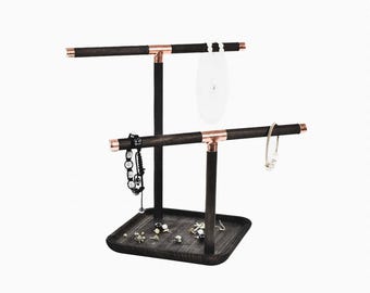 copper and wood jewelry organizer watch stand rack bracelet wooden holder dock loft catch all tray compartments gift for her wife daughter