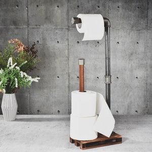 Toilet Paper Holder for four roll Wood and Steel Rustic Pipe standing vertical horizontal image 3