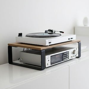 Draaitafelstandaard, verhoging, versterkertafel, vinyl, compacte mediaconsole, muziek- en audiotafel, hifi, gemaakt van staal en multiplex