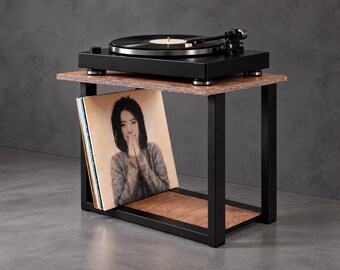 Draaitafelstandaard met platenhouder, tafel van staal en multiplex, vinyl, compacte mediaconsole, muziekstation