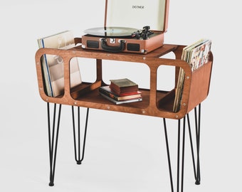 Platenspelerstandaard Vinyl platenhouder retro console grammofoontafel bureau houten staande LP opslag muziekorganizer Luisterstation