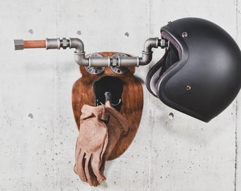 Support Mural Pour Casque Moto - Avec 4 Crochets à Gants - En Fer & Bois - Rangement Garage & Entrée