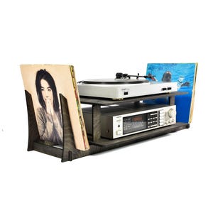 Soporte para tocadiscos, soporte para discos de vinilo, amplificador, mesa de amplificador, tocadiscos de escritorio, soporte de madera para almacenamiento, organizador de música, estación de escucha