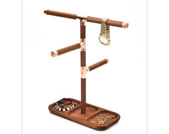 Organizador de joyas, soporte para reloj, base de madera para pulsera, soporte de madera para colgar en la bandeja para collares, soporte para anillos de cobre y madera.