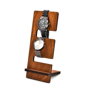 Organizer rack stand watch bracelet wooden holder dock display jewelry wood docking station for two watches, gift for man, dad mother image 1