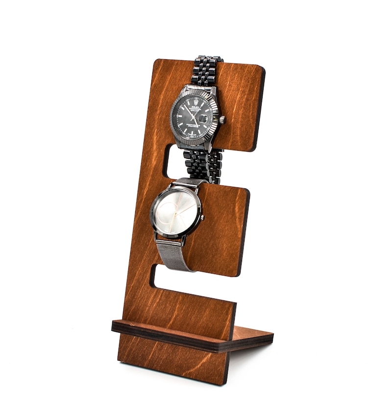 Organizer rack stand watch bracelet wooden holder dock display jewelry wood docking station for two watches, gift for man, dad mother image 1