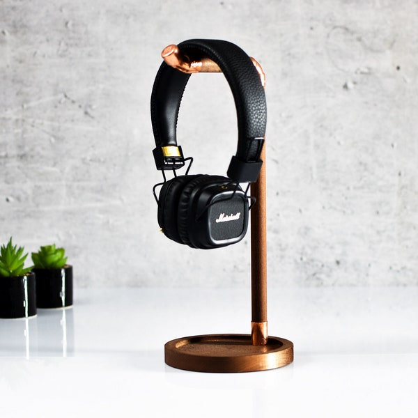 industrial headphones stand, wood and copper headset stand, hanger, pipe holder, dock, loft gift for him, for her for son daughter boyfriend