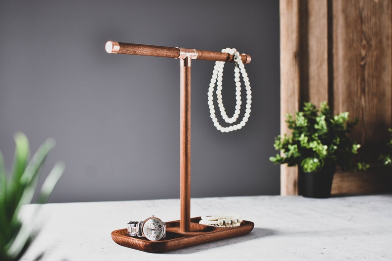 Organizador de joyas de cobre y madera, soporte de reloj, pulsera de reloj, base de madera, soporte de madera, bandeja para loft. imagen 6