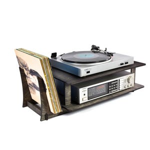 Soporte para tocadiscos, soporte para discos de vinilo, amplificador, mesa de amplificador, tocadiscos de escritorio, soporte de madera para almacenamiento, organizador de música, estación de escucha