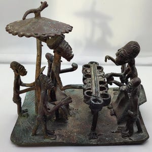 Vintage West African Bronze Mancala Figural Sculpture - Chief & Wife Playing Songo