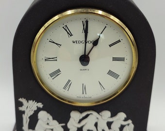 BLACK WEDGWOOD JASPERWARE Vintage Porcelain Mantle Clock Grecian Figures Putti Fully Working Quartz Clock 1980s 11cm 4.5"