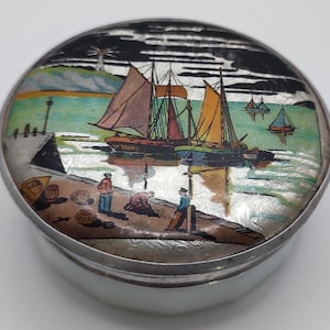 Art Deco 1930s &quot;Gwenda&quot; Powder Pot | Foil Harbour Scene Lid & Milk-Glass Base | Vintage Vanity Jar, Boudoir Collectible