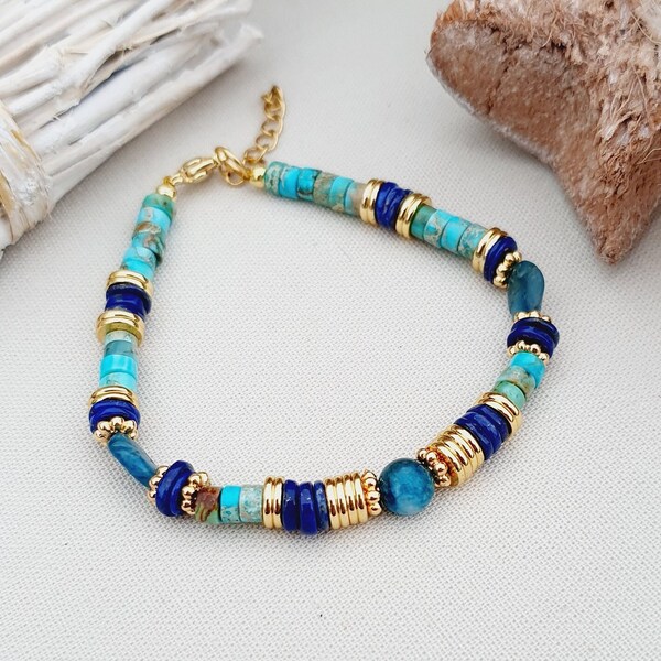 Apatite bracelet - lapis lazuli - turquoise beads - 18k brass - women's gift