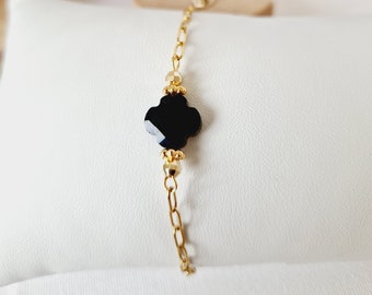 Bracelet acier inoxydable or- perle trèfle noir -