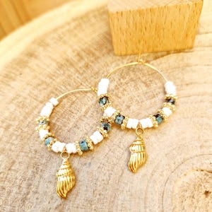Gold shell hoop earrings – Summer earrings in white pearls, turquoise blue and gold stainless steel