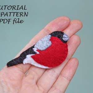 May include: A felt bird brooch with a red body, grey head, and black wings. The bird is sitting on a hand.