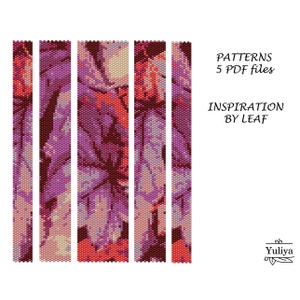 May include: Five beading patterns for a bracelet, each pattern is a vertical strip of colorful beads. The patterns are labeled "PATTERNS 5 PDF files" and "INSPIRATION BY LEAF".