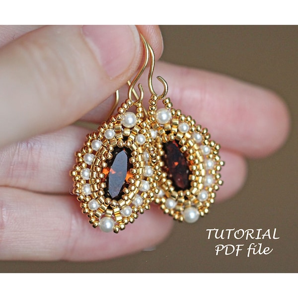 Beading tutorial and pattern, Rivoli earrings tutorial, Bead earrings tutorial, Navette Swarovski tutorial, Jewelry pattern earrings Marina