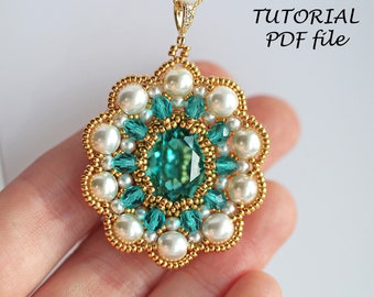 Pendant Tutorial Beaded Pattern Swarovski Oval 18x13mm Step-by-Step Jewelry Instructions Handmade Beading Design Guide PDF Elizabeth Pendant