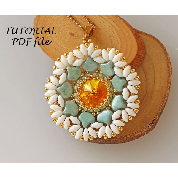 Beadwork tutorial, Beaded pendant pattern, Ginko bead, SuperDuo, Rivoli Swarovski tutorial, Diy make pendant, Beading tutorial pendant Flora