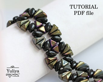 Bracelet Tutorial Beading Pattern Vexolo Kheops par Puca IrisDuo Beads Step-by-Step Instructions Beadwork Design Black and Brown Iris PDF