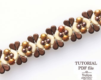 Tutorial de pulsera de cuentas, cabujón de dos agujeros, cuentas Amos par Puca, instrucciones de joyería paso a paso, guía de patrones de cuentas DIY, chocolate con leche PDF