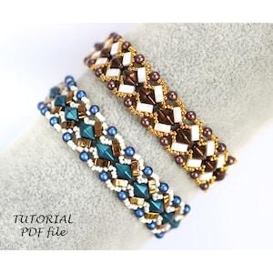 May include: Two beaded bracelets with geometric patterns. The top bracelet is brown, white, and gold. The bottom bracelet is blue, white, and gold.  The text "TUTORIAL PDF file" is at the bottom of the image.