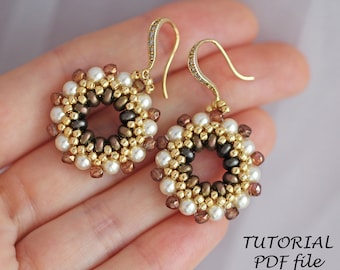 Tutorial sugli orecchini a cerchio, modello di orecchini con perline, tutorial con perline~Tutorial SuperDuo~ Schema semplice con perline, Tutorial orecchini con perline Francine